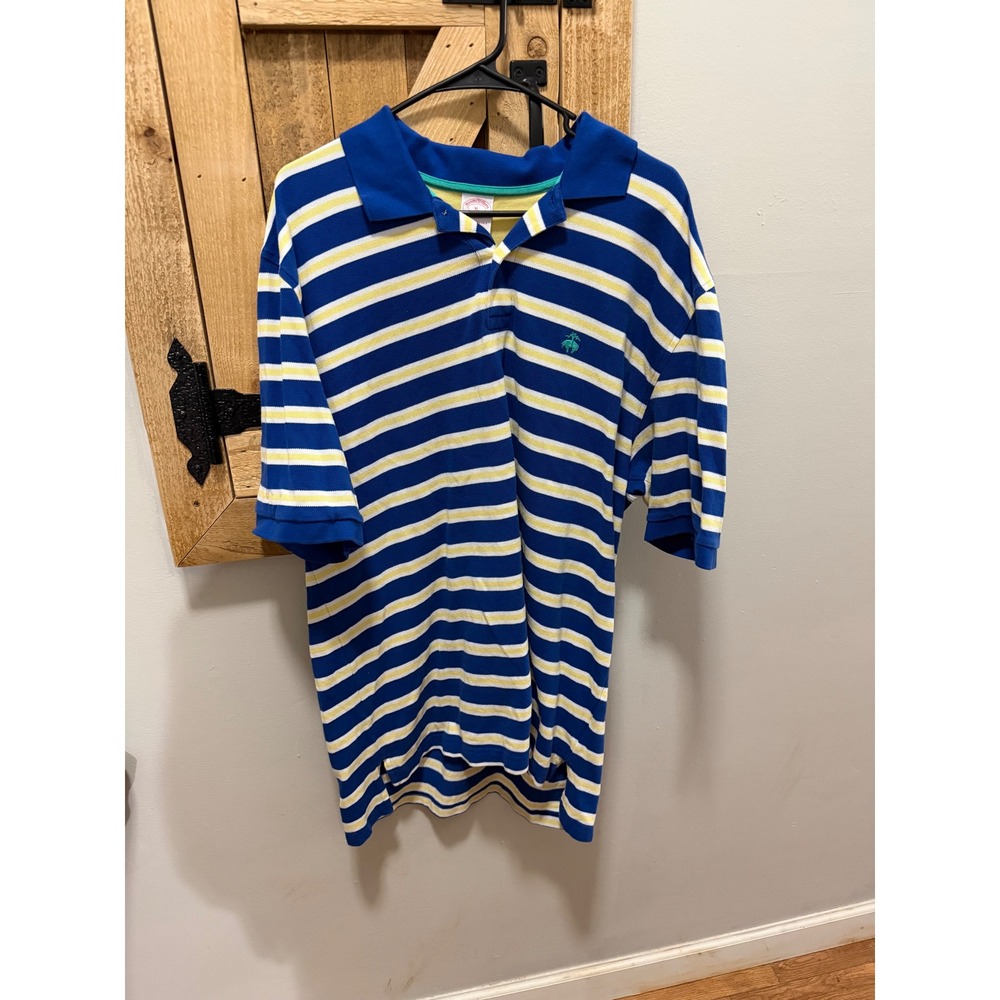 BrooksBrothers Performance Polo Shirt Mens XL Blue Yellow Stripe Golf Casual